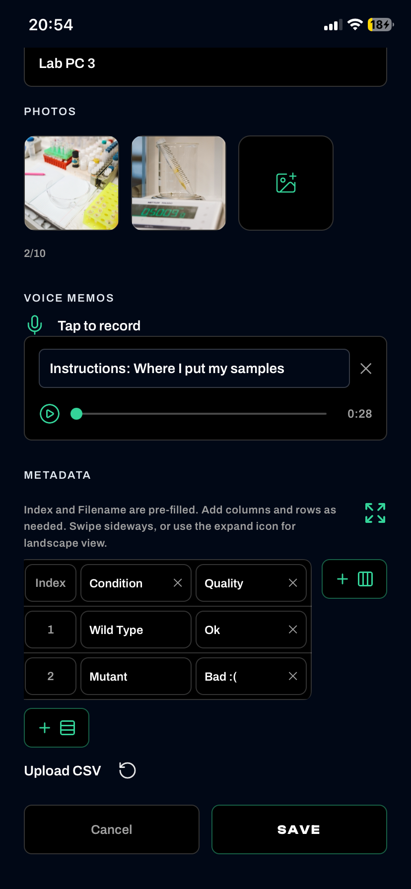LabMemo log entry with photos, voice memos, and metadata tables
