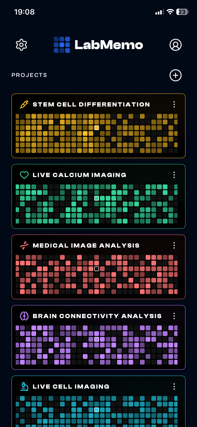 LabMemo project streams with custom-colored activity grids